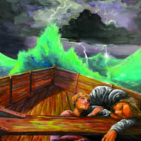 Two people in a boat in the storm
